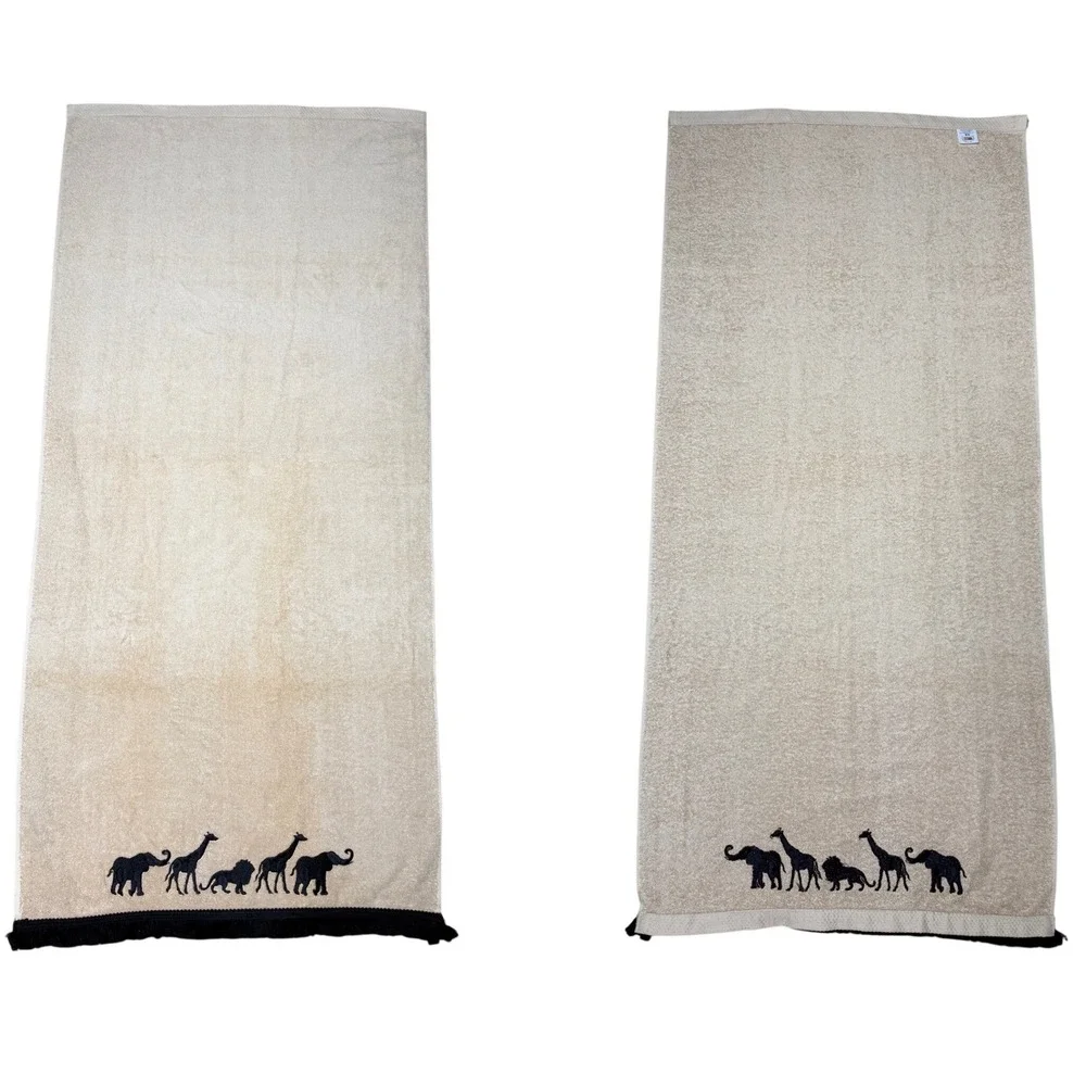 Vtg Avanti Safari Animal Embroidered Fringe Towel Set 5pc Beige Black Cotton USA